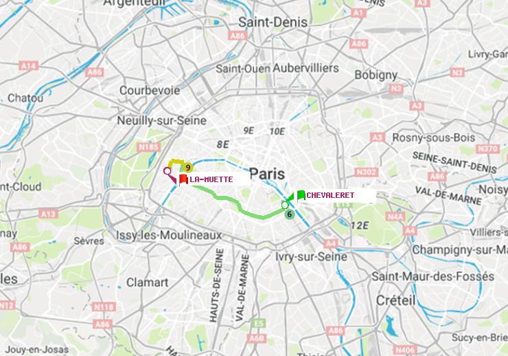 plan itinéraire ratp de Chevaleret à La Muette