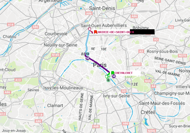 plan itinéraire ratp de Chevaleret à Mairie de Saint-Ouen