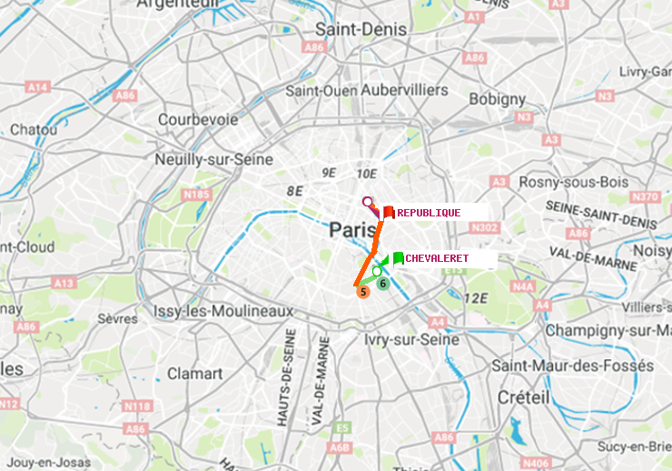 plan itinéraire ratp de Chevaleret à République