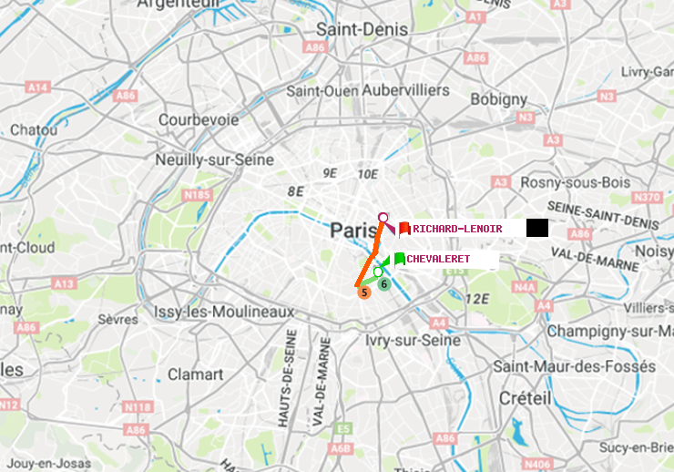 plan itinéraire ratp de Chevaleret à Richard-Lenoir