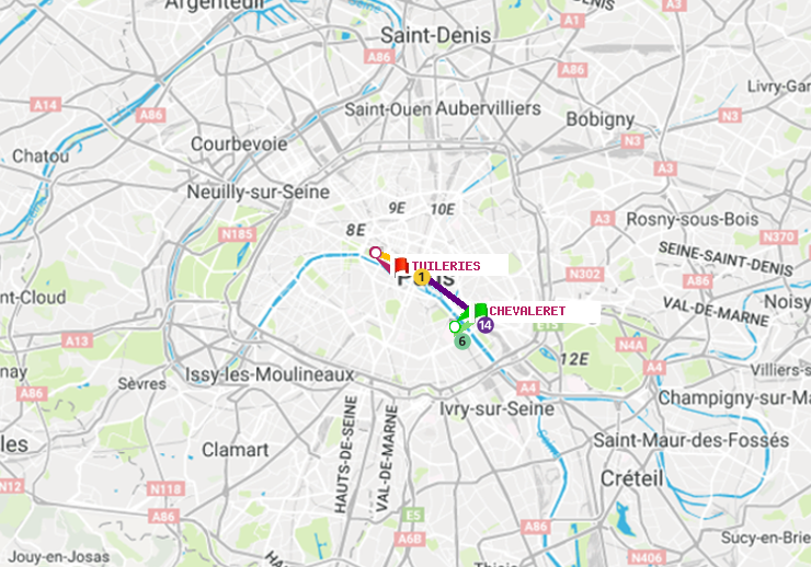 plan itinéraire ratp de Chevaleret à Tuileries