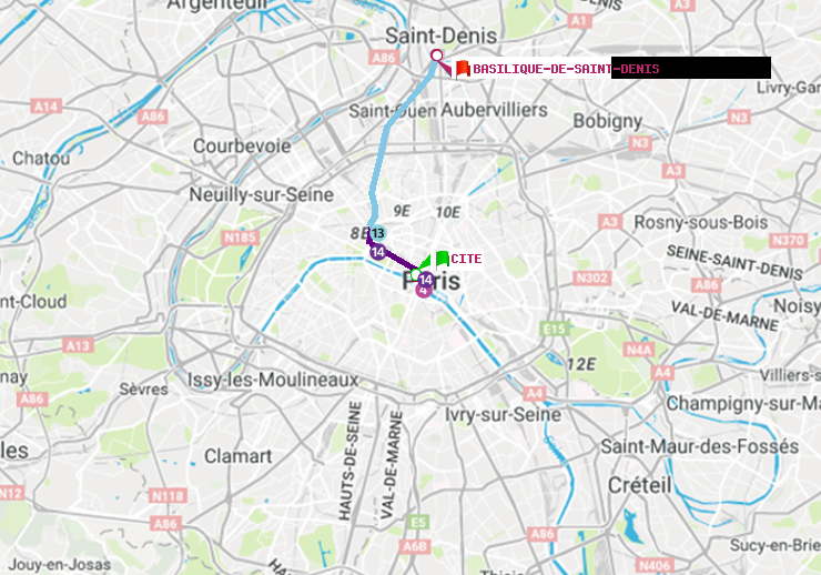 plan itinéraire ratp de Cité à Basilique de Saint-Denis