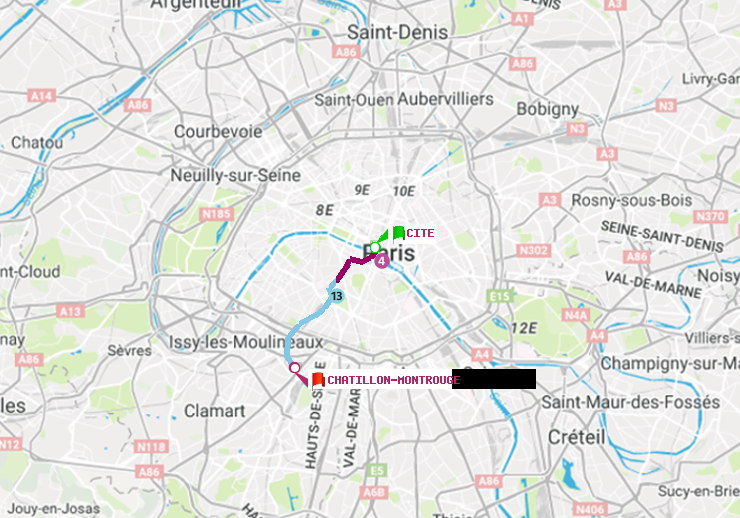 plan itinéraire ratp de Cité à Châtillon Montrouge