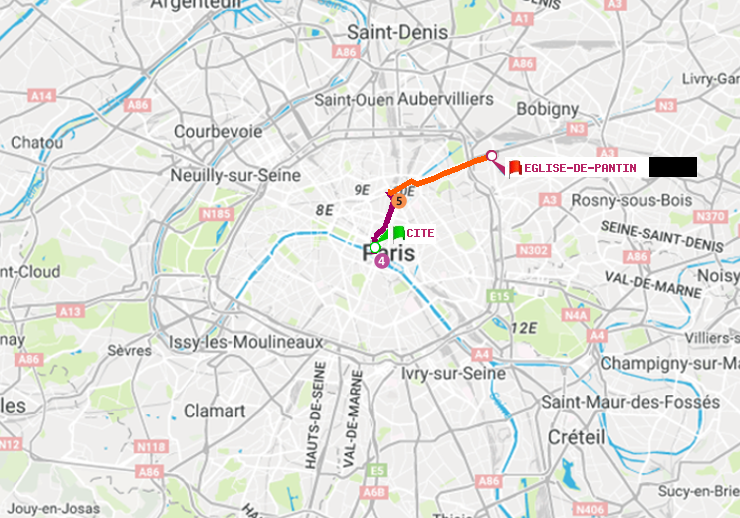 plan itinéraire ratp de Cité à Eglise de Pantin