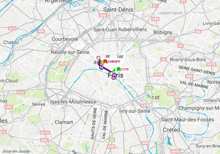 plan itinéraire ratp de Cité à Europe