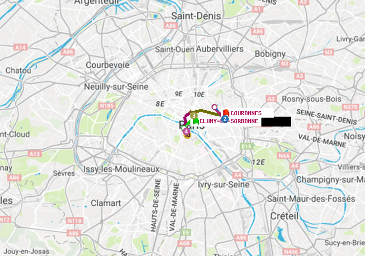 plan itinéraire ratp de Cluny-La Sorbonne à Couronnes