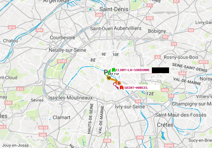 plan itinéraire ratp de Cluny-La Sorbonne à Saint-Marcel