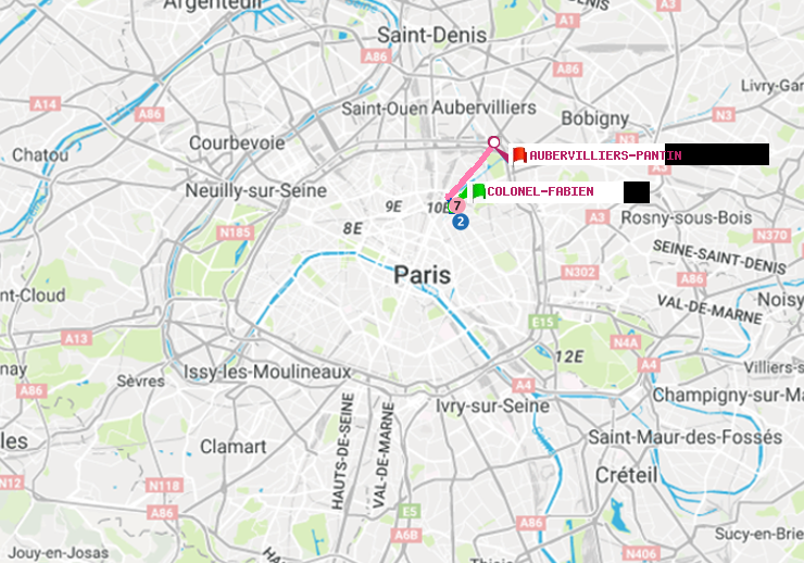 plan itinéraire ratp de Colonel Fabien à Aubervilliers Pantin (4 Chemins)