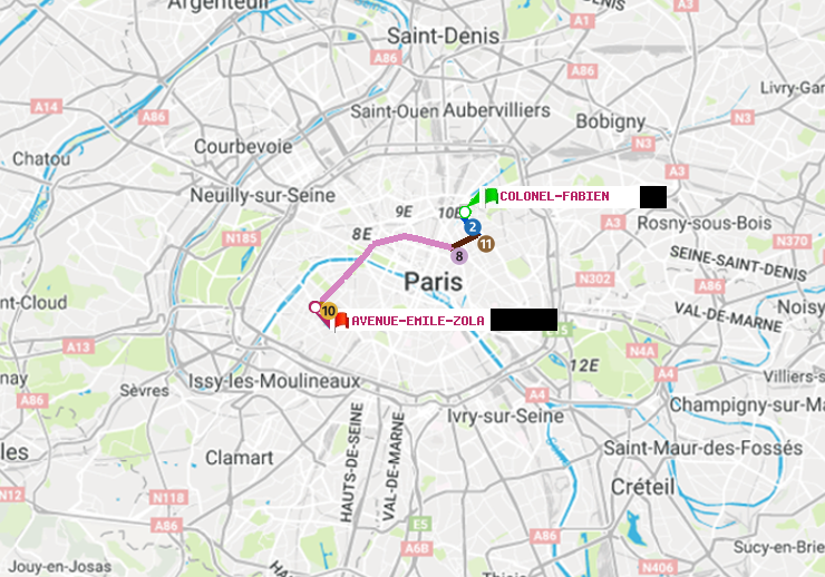 plan itinéraire ratp de Colonel Fabien à Avenue Emile-Zola