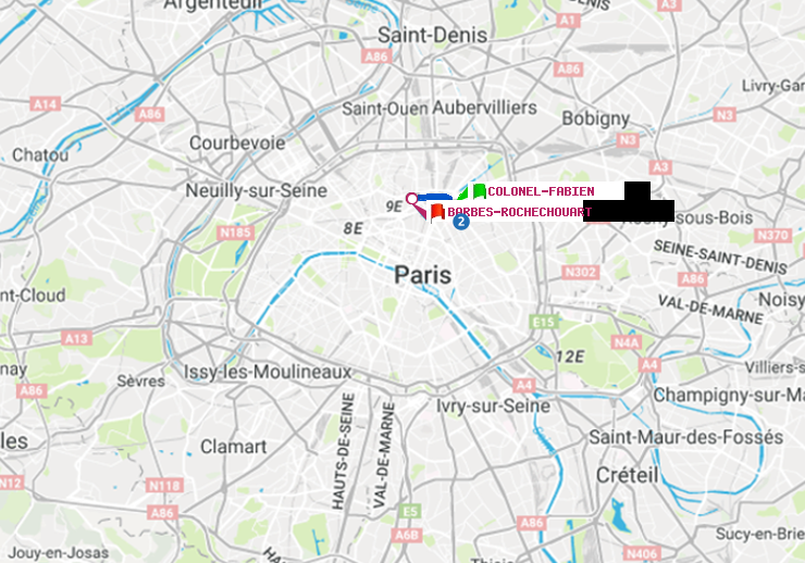 plan itinéraire ratp de Colonel Fabien à Barbès-Rochechouart