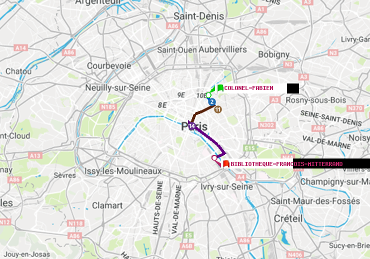 plan itinéraire ratp de Colonel Fabien à Bibliotheque-Francois Mitterrand