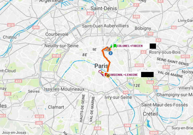 plan itinéraire ratp de Colonel Fabien à Cardinal-Lemoine