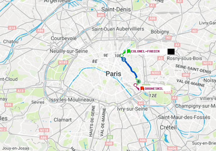 plan itinéraire ratp de Colonel Fabien à Daumesnil (Félix Eboué)