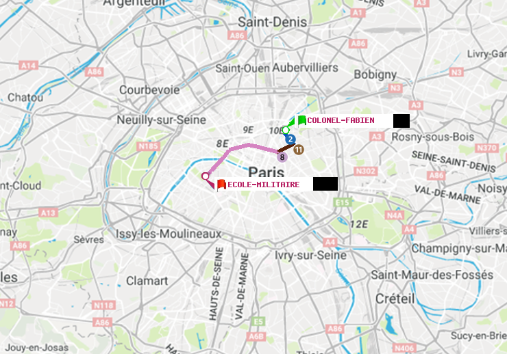 plan itinéraire ratp de Colonel Fabien à Ecole Militaire