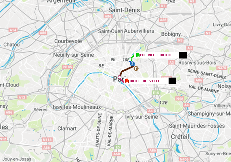 plan itinéraire ratp de Colonel Fabien à Hôtel de Ville