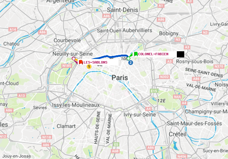 plan itinéraire ratp de Colonel Fabien à Les Sablons (Jardin d
