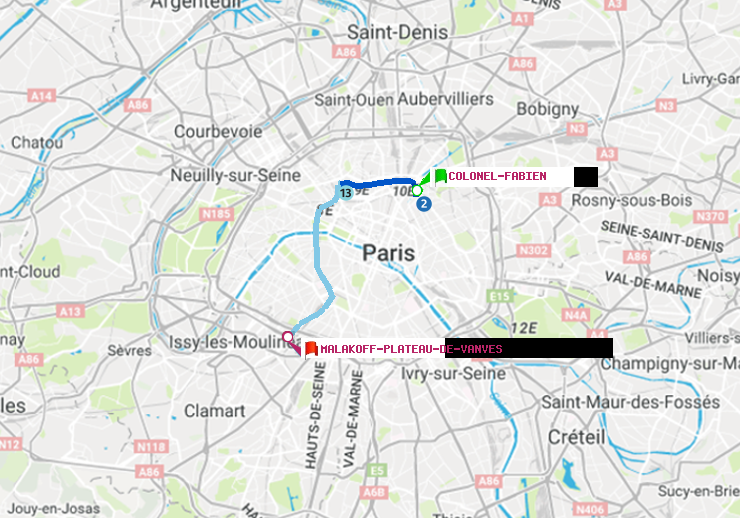 plan itinéraire ratp de Colonel Fabien à Malakoff-Plateau de Vanves