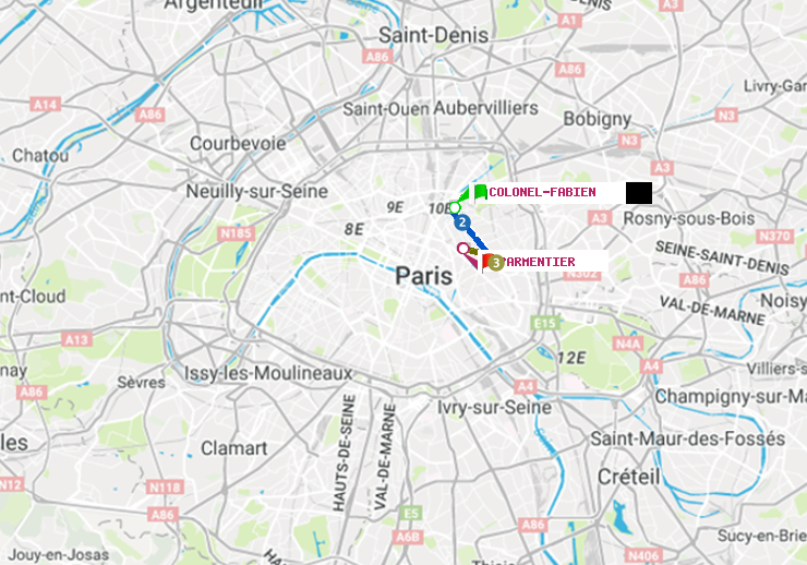 plan itinéraire ratp de Colonel Fabien à Parmentier