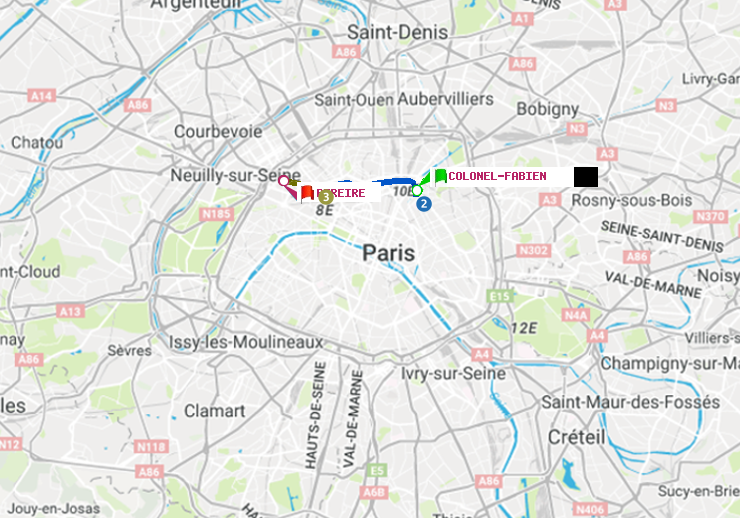 plan itinéraire ratp de Colonel Fabien à Péreire