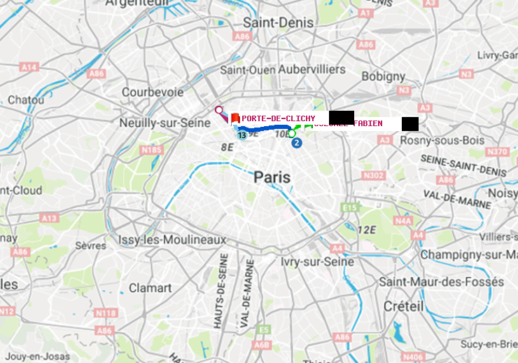 plan itinéraire ratp de Colonel Fabien à Porte de Clichy