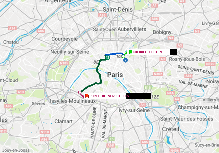 plan itinéraire ratp de Colonel Fabien à Porte de Versailles