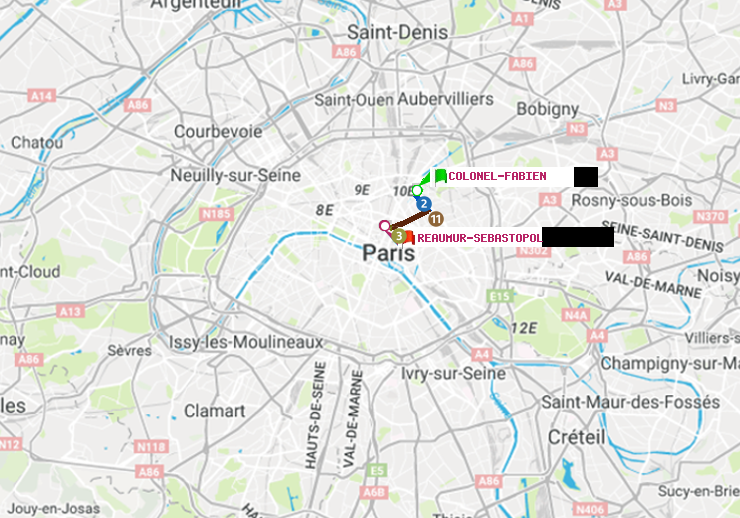 plan itinéraire ratp de Colonel Fabien à Réaumur-Sébastopol