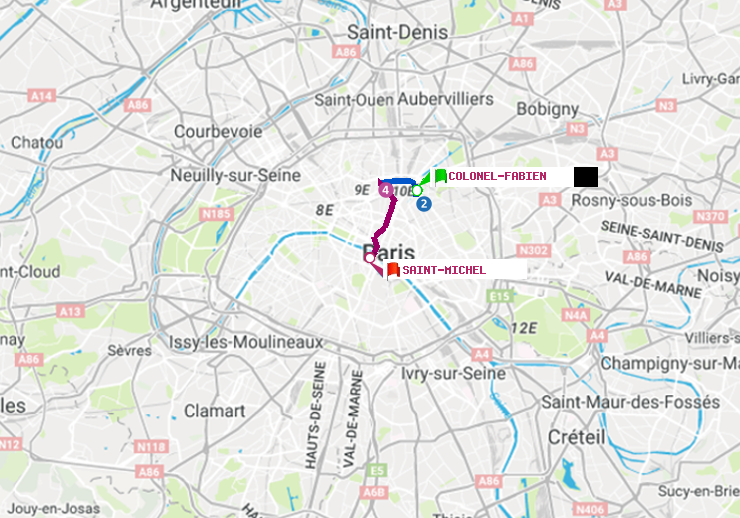 plan itinéraire ratp de Colonel Fabien à Saint-Michel