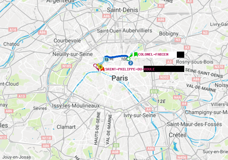 plan itinéraire ratp de Colonel Fabien à Saint-Philippe du Roule