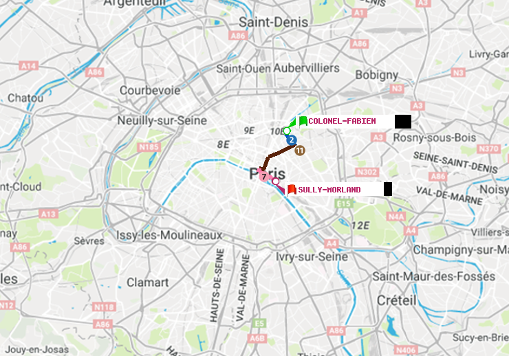 plan itinéraire ratp de Colonel Fabien à Sully-Morland