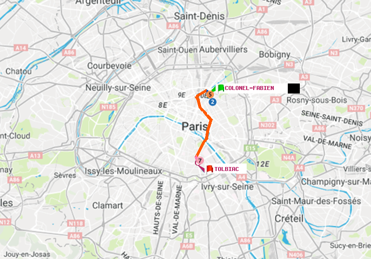 plan itinéraire ratp de Colonel Fabien à Tolbiac