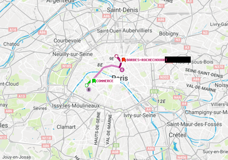 plan itinéraire ratp de Commerce à Barbès-Rochechouart