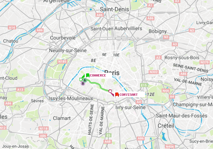 plan itinéraire ratp de Commerce à Corvisart