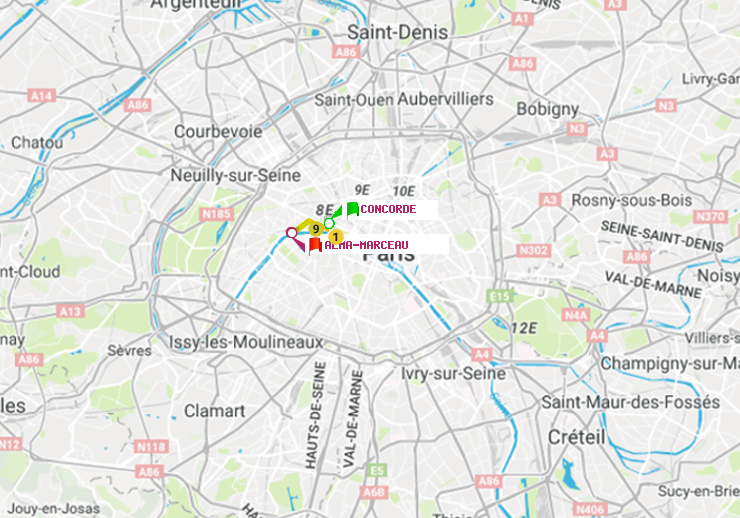 plan itinéraire ratp de Concorde à Alma-Marceau