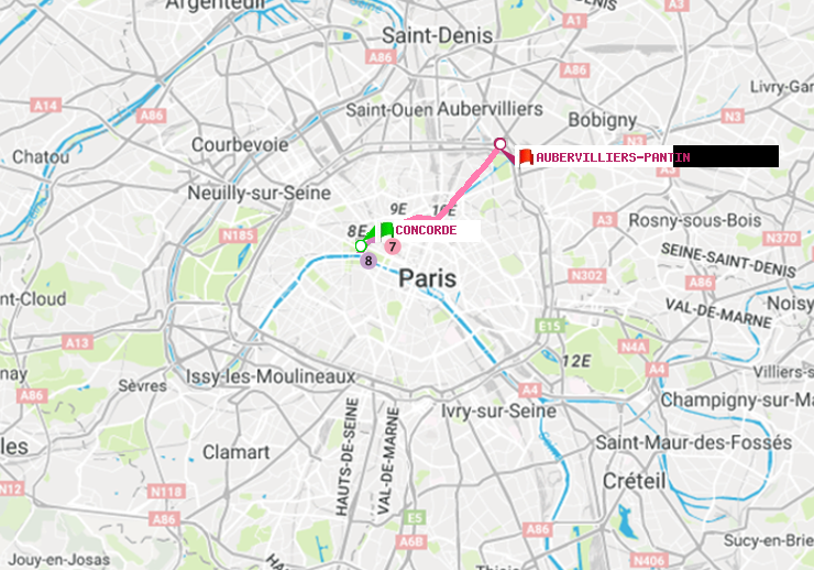 plan itinéraire ratp de Concorde à Aubervilliers Pantin (4 Chemins)