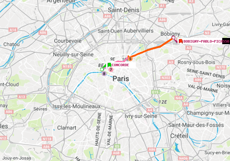 plan itinéraire ratp de Concorde à Bobigny-Pablo-Picasso