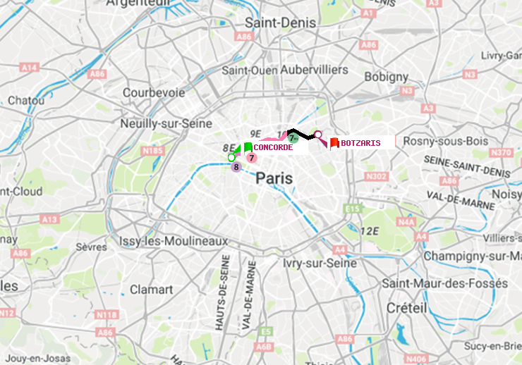 plan itinéraire ratp de Concorde à Botzaris