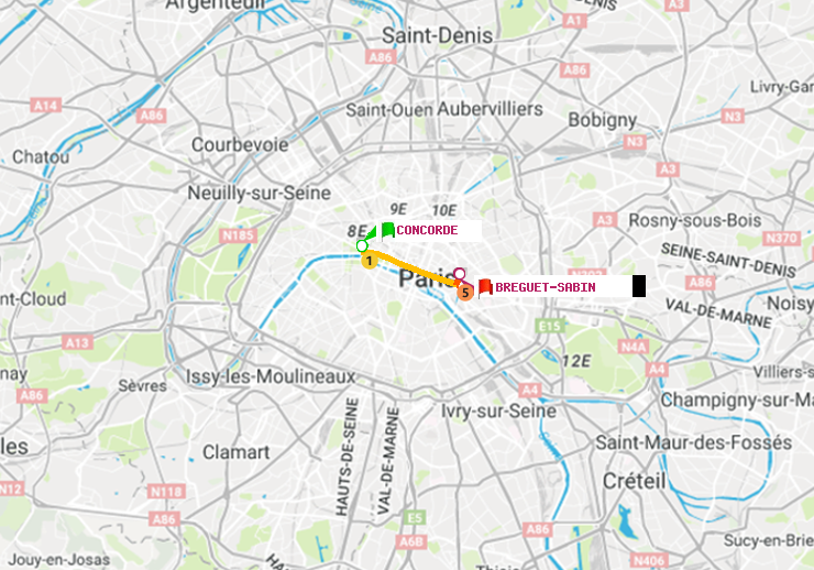 plan itinéraire ratp de Concorde à Bréguet-Sabin