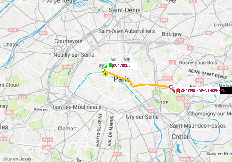 plan itinéraire ratp de Concorde à Château de Vincennes