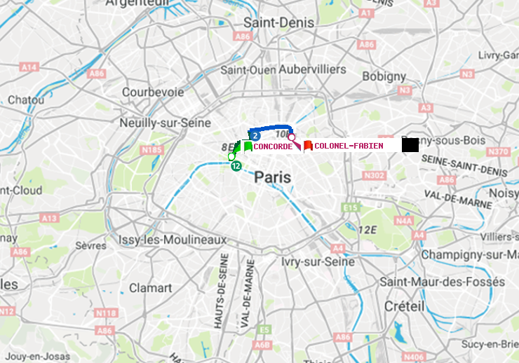 plan itinéraire ratp de Concorde à Colonel Fabien