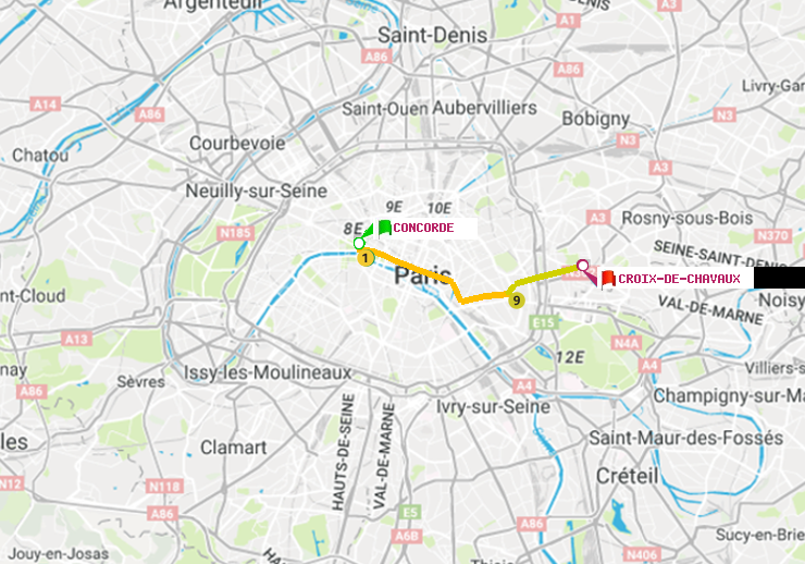 plan itinéraire ratp de Concorde à Croix-de-Chavaux (Jacques Duclos)