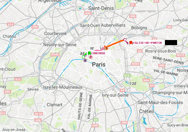 plan itinéraire ratp de Concorde à Eglise de Pantin