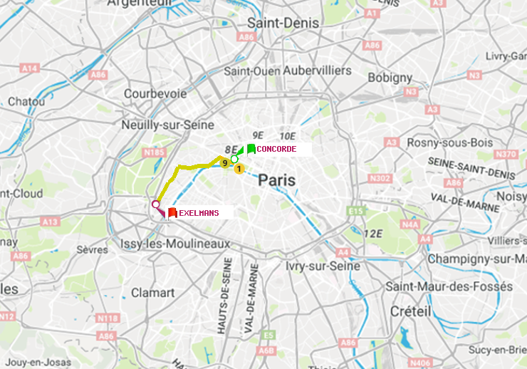 plan itinéraire ratp de Concorde à Exelmans