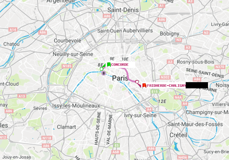 plan itinéraire ratp de Concorde à Faidherbe-Chaligny