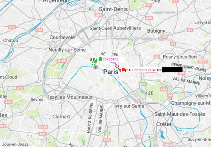 plan itinéraire ratp de Concorde à Filles du Calvaire
