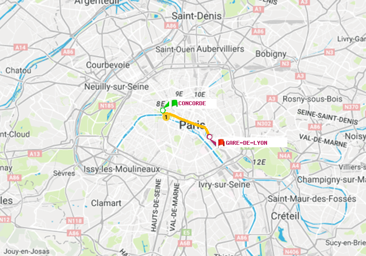 plan itinéraire ratp de Concorde à Gare de Lyon