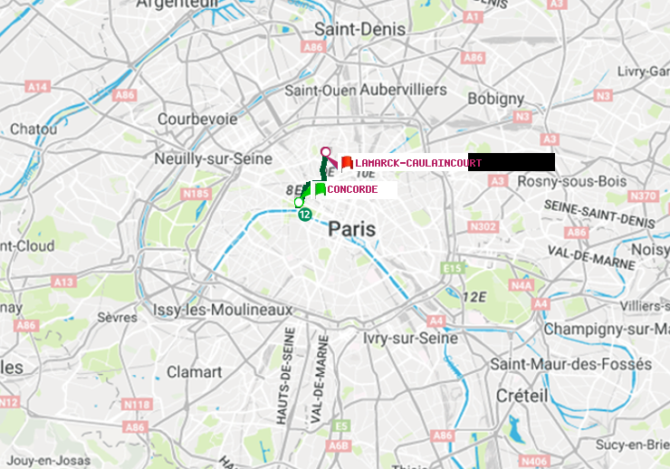 plan itinéraire ratp de Concorde à Lamarck-Caulaincourt