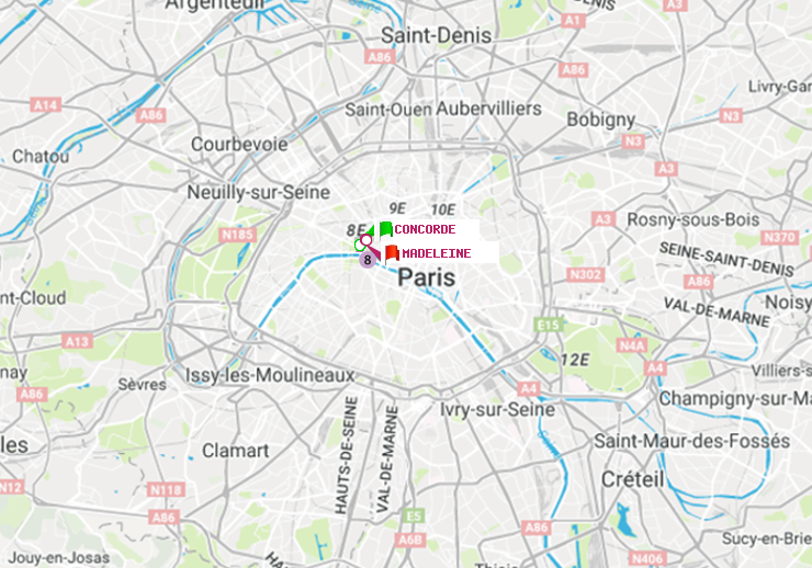 plan itinéraire ratp de Concorde à Madeleine
