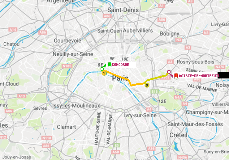 plan itinéraire ratp de Concorde à Mairie de Montreuil