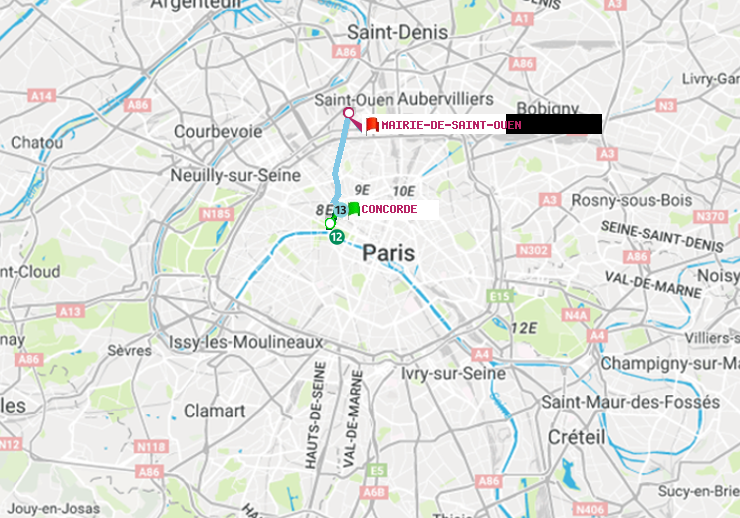 plan itinéraire ratp de Concorde à Mairie de Saint-Ouen