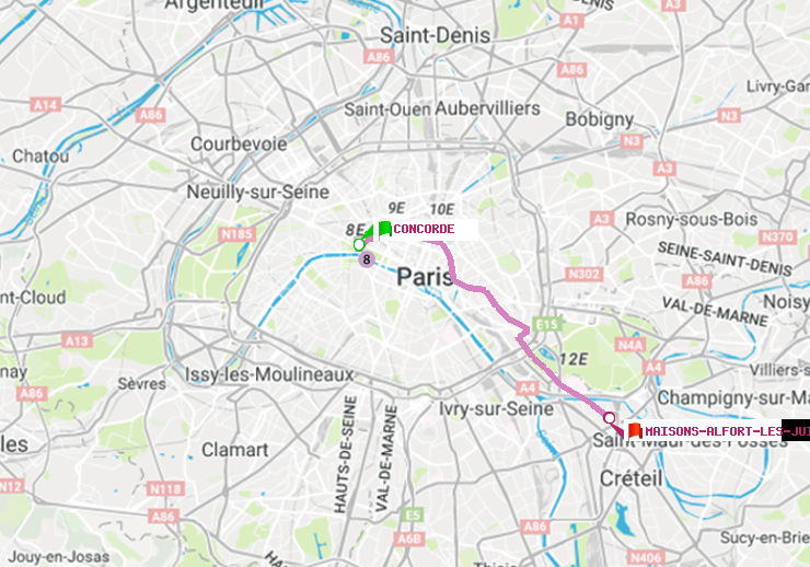 plan itinéraire ratp de Concorde à Maisons-Alfort-Les Juilliottes